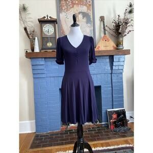 BODEN Jersey Knit Midi Dress 4R Navy Blue V Neck Ballet Dress S Ruffle Sleeve
